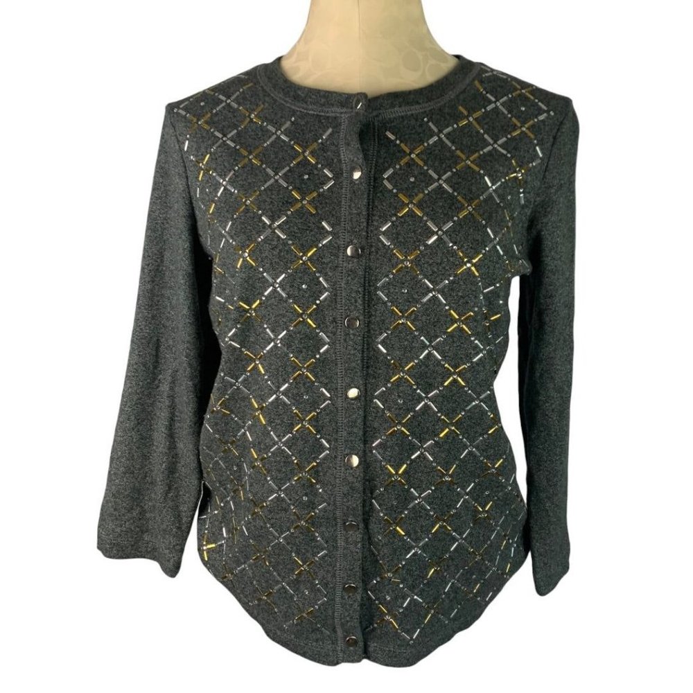 Large Rafaella Women's Gray Gold Silver Embellished Cardigan Sweater